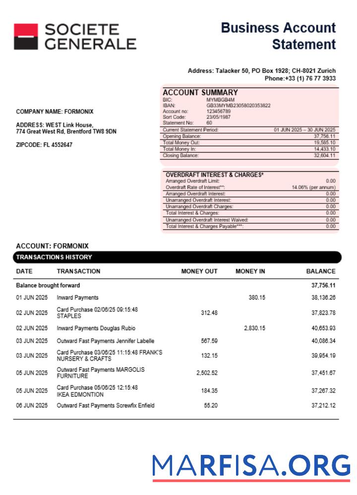 Blank Société Générale business account statement Word and PDF template